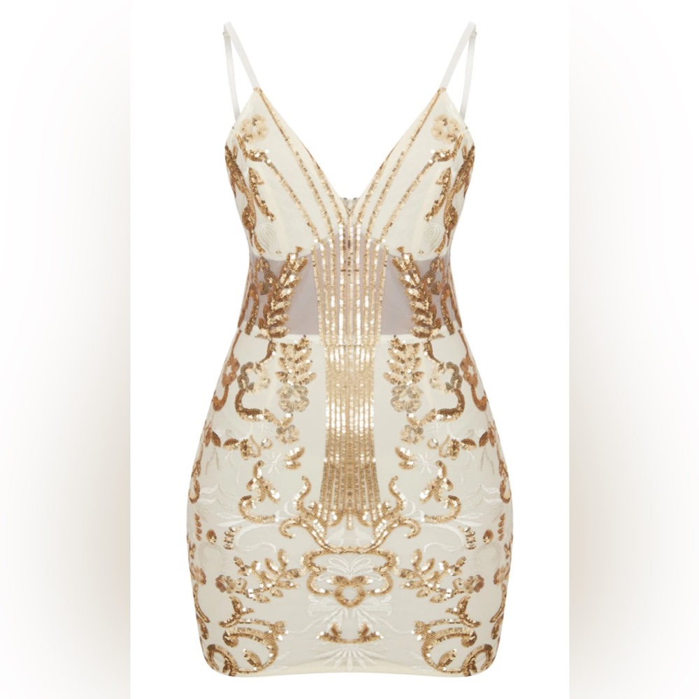 NWT PLT Gold Strappy Sheer Panel Sequin Bodycon Dress size UK 6 (US 2)